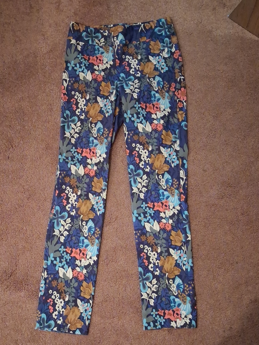 J. McLaughlin Navy Floral Skinny Pants with Multicolor Blooms